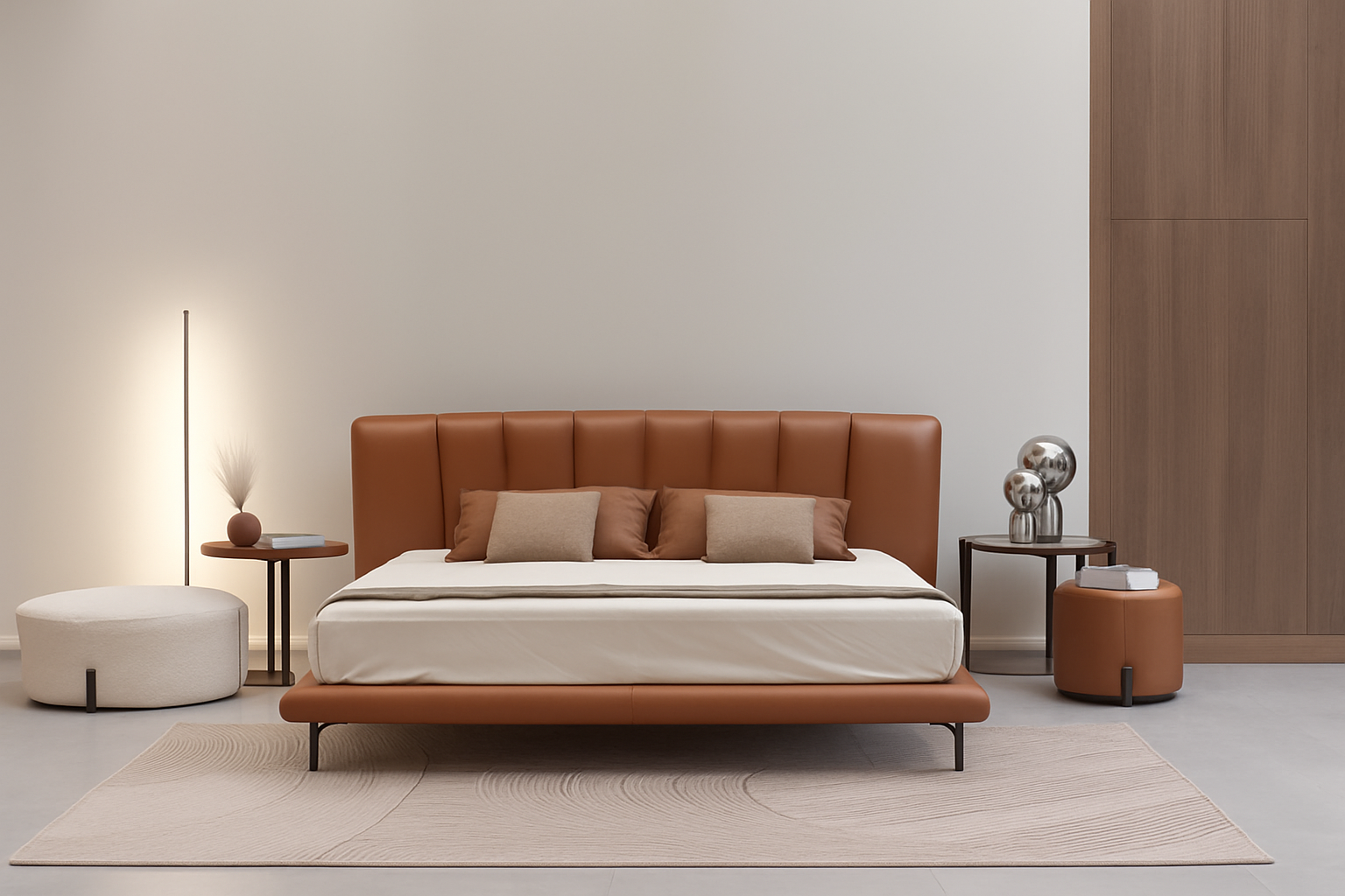 Modern bedroom with a brown leatherette bed and matching side tables.