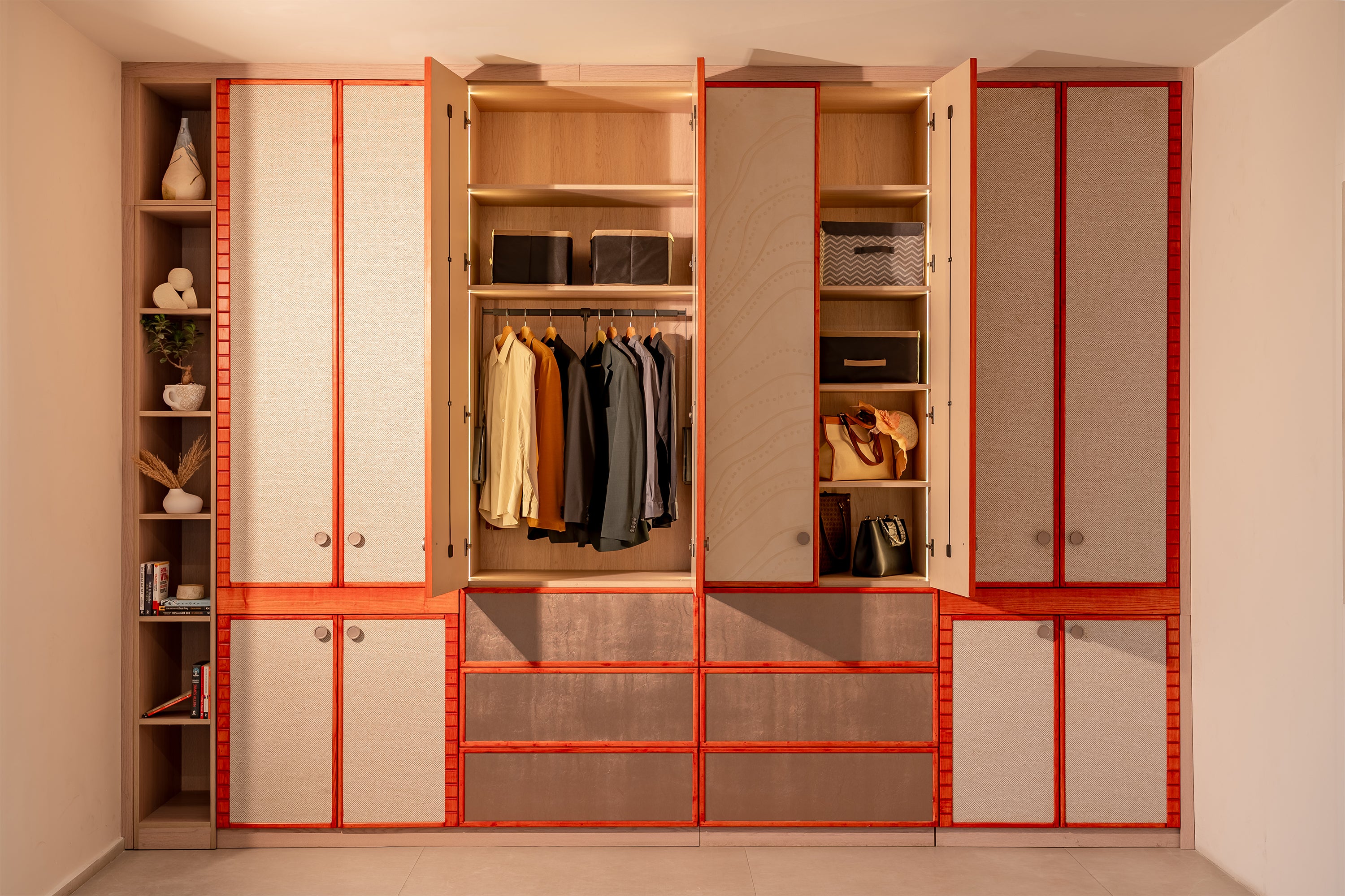Woven cane panel storage furniture detail