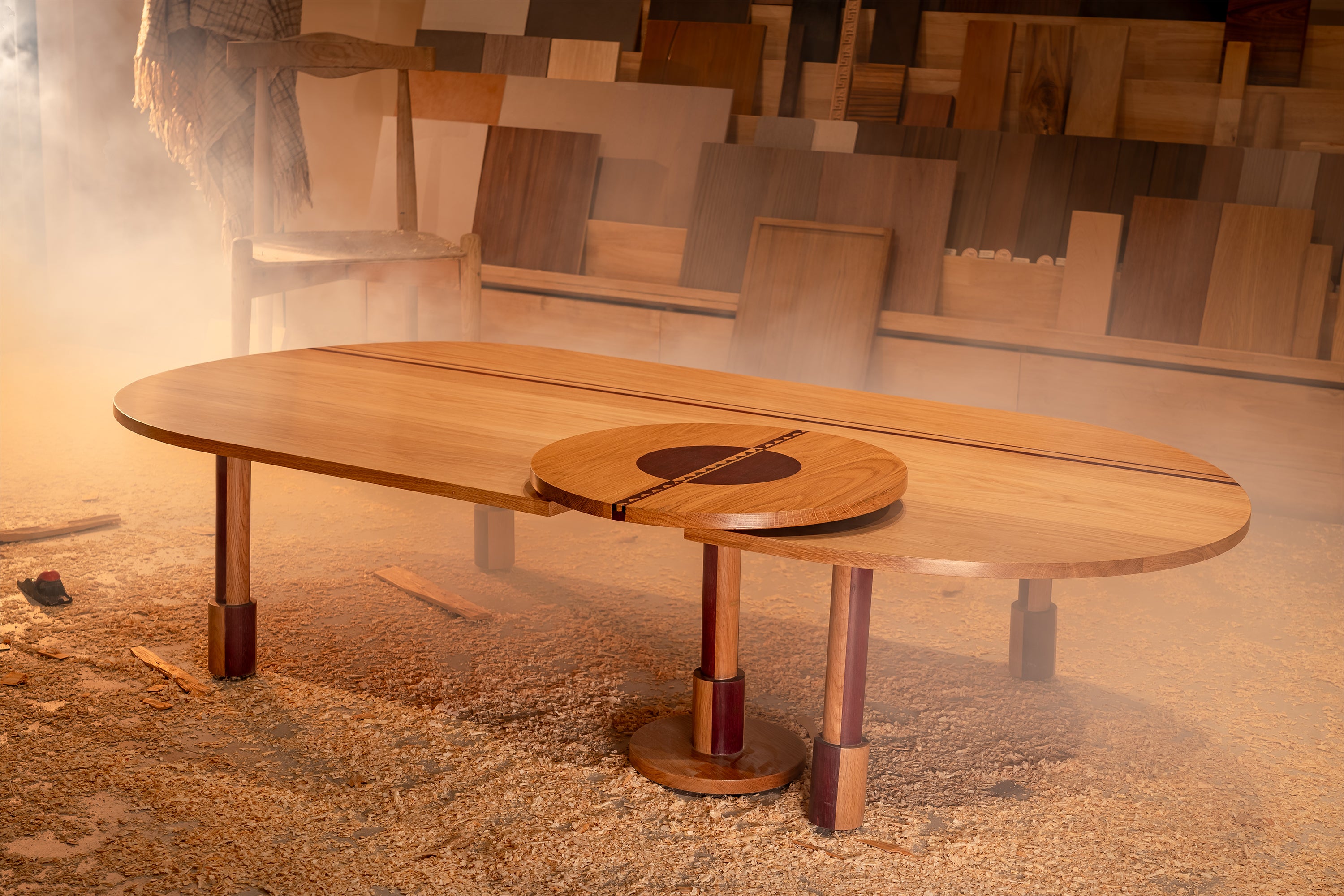 Purpleheart wood inlay table detail